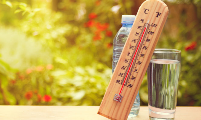 Thermometer on summer day showing high temperature near 45 degrees