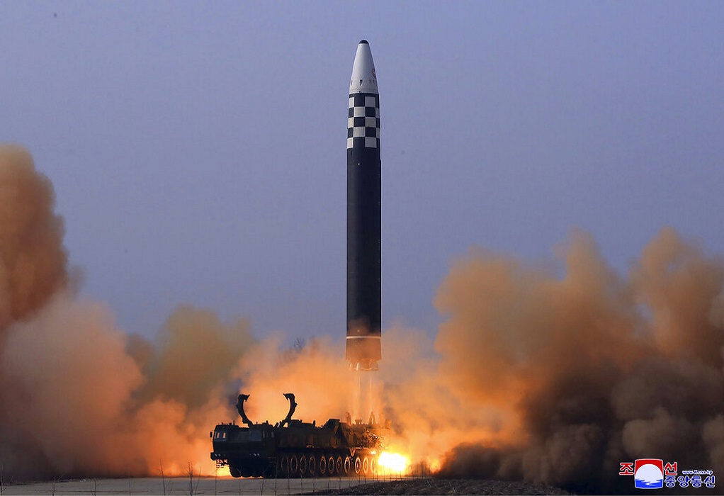 This photo distributed by the North Korean government shows what it says a test-fire of a Hwasong-17 intercontinental ballistic missile (ICBM), at an undisclosed location in North Korea on March 24, 2022. Independent journalists were not given access to cover the event depicted in this image distributed by the North Korean government. The content of this image is as provided and cannot be independently verified. Korean language watermark on image as provided by source reads: "KCNA" which is the abbreviation for Korean Central News Agency. (Korean Central News Agency/Korea News Service via AP)