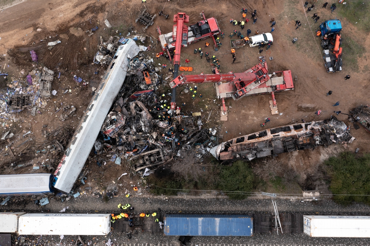 Rail accident involving a collision between a cargo and a passenger train at Tempi valley near Evangelismos village northern of Larissa city, Greece on March 1, 2023.