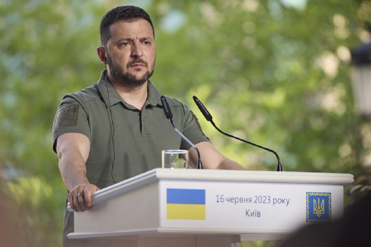 In this photo provided by the Ukrainian Presidential Press Office, Ukrainian President Volodymyr Zelenskyy attends a news conference during his meeting with delegation of African leaders in Kyiv, Ukraine, Friday, June 16, 2023. (Ukrainian Presidential Press Office via AP)