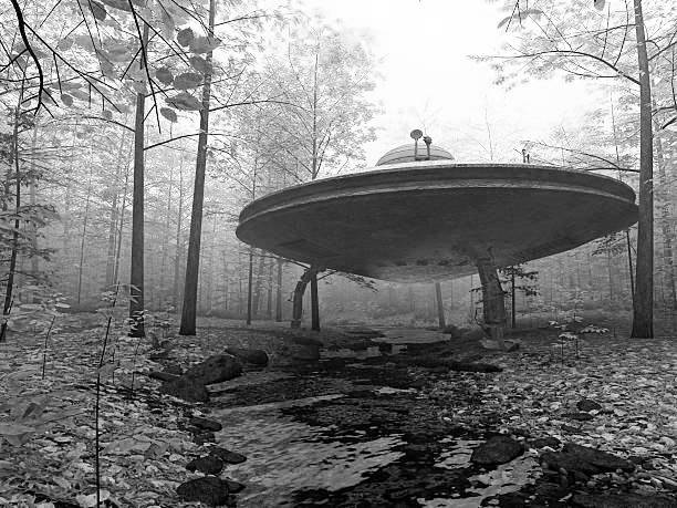 Strange UFO has Landed in a misty Autumn forest beside a dark stream. Did any one see it landing?