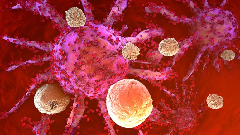 3D rendered Illustration of T-Cells of the immune System attacking growing Cancer cells.