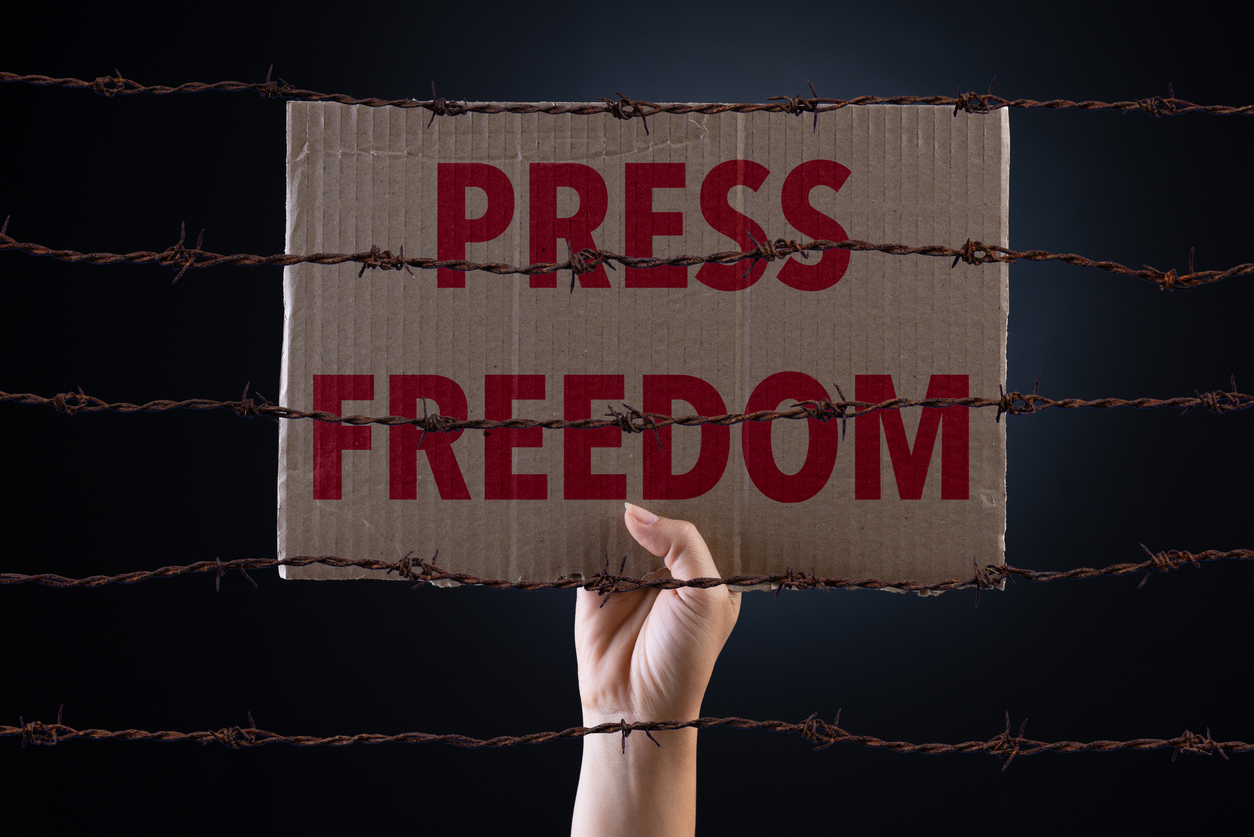 Woman holding cardboard paper with PRESS FREEDOM text and rusty sharp bare wire on dark background, conceptual image.