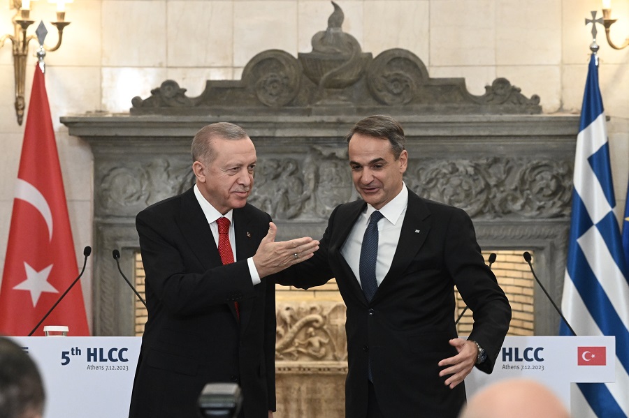 Δηλώσεις του Πρωθυπουργού Κυριάκου Μητσοτάκη και του Προέδρο της Τουρκίας Recep Tayyip Erdogan, μετά την συνάντησή τους στο Μέγαρο Μαξίμου, Πέμπτη 7 Δεκεμβρίου 2023. 
(ΤΑΤΙΑΝΑ ΜΠΟΛΑΡΗ/EUROKINISSI)