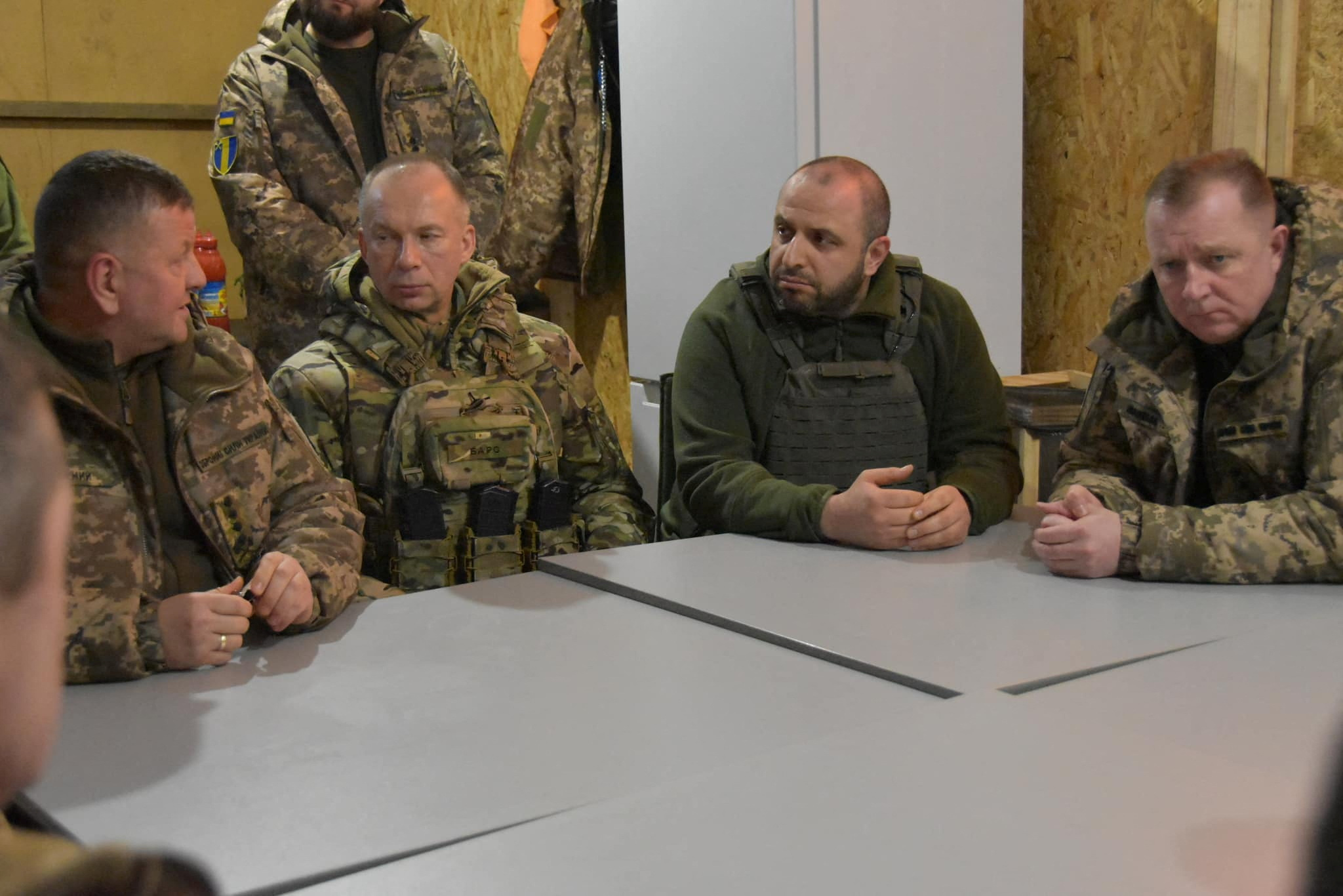 Commander in Chief of the Ukrainian Armed Forces Valerii Zaluzhnyi, Chief of the General Staff Serhii Shaptala, Defence Minister Rustem Umerov and Commander of the Ground Forces Oleksandr Syrskyi visit a position of Ukrainian service members, amid Russia's attack on Ukraine, near the town of Kupiansk, Kharkiv region, Ukraine in this handout picture released January 9, 2024. Press Service of the Ministry of Defence of Ukraine/Handout via REUTERS ATTENTION EDITORS - THIS IMAGE HAS BEEN SUPPLIED BY A THIRD PARTY.