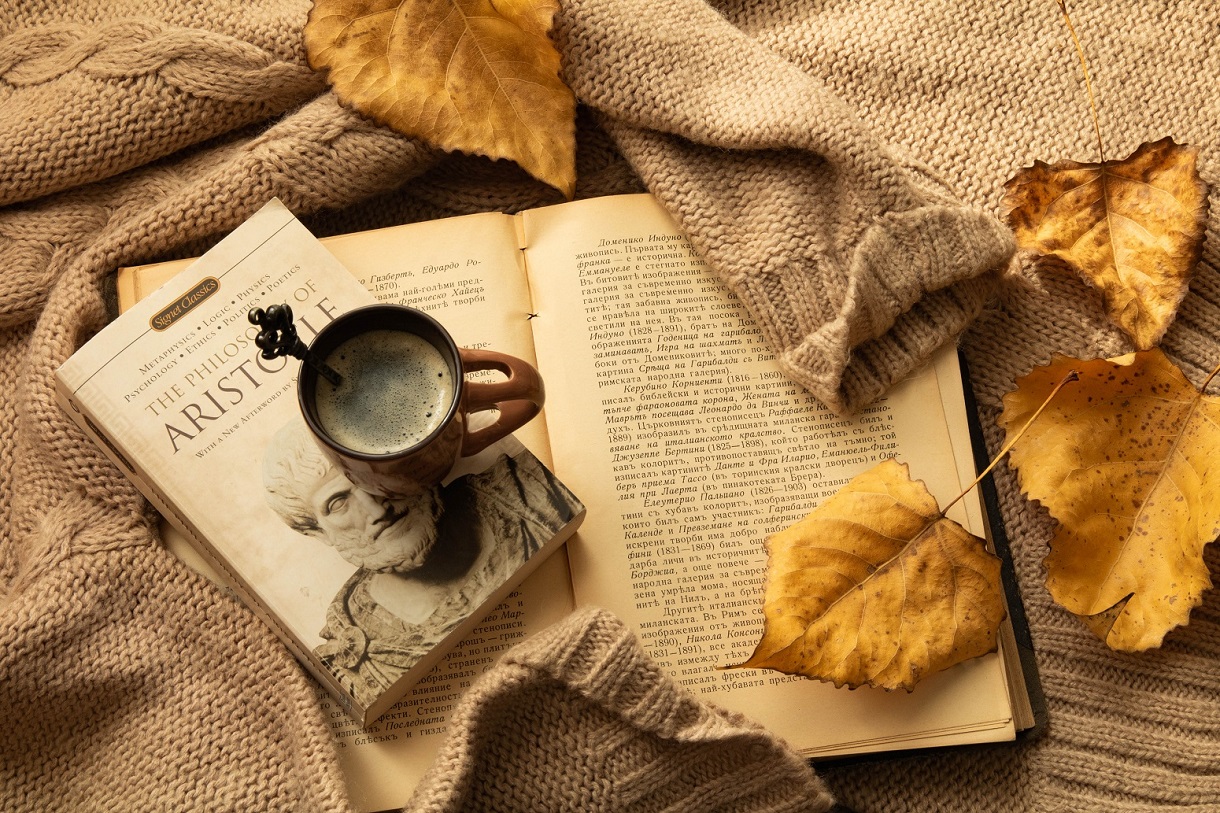 Still,Life,Coffee,Time.,Autumn,Leaves,,,Books,And,Sweater.