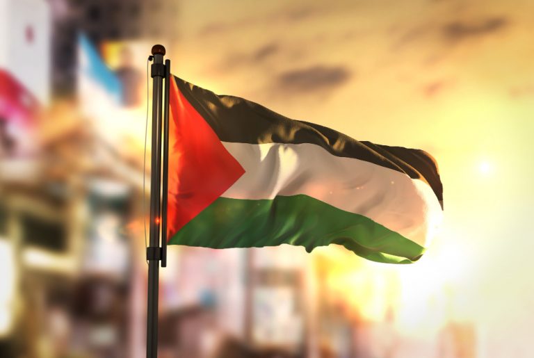 palestine-flag-against-city-blurred-background-sunrise-backlight-
